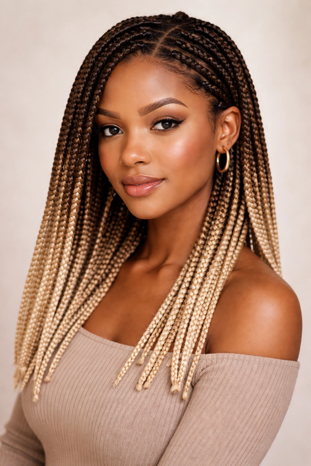 Short hair two-tone box braids with dark roots and light ends in ombré.