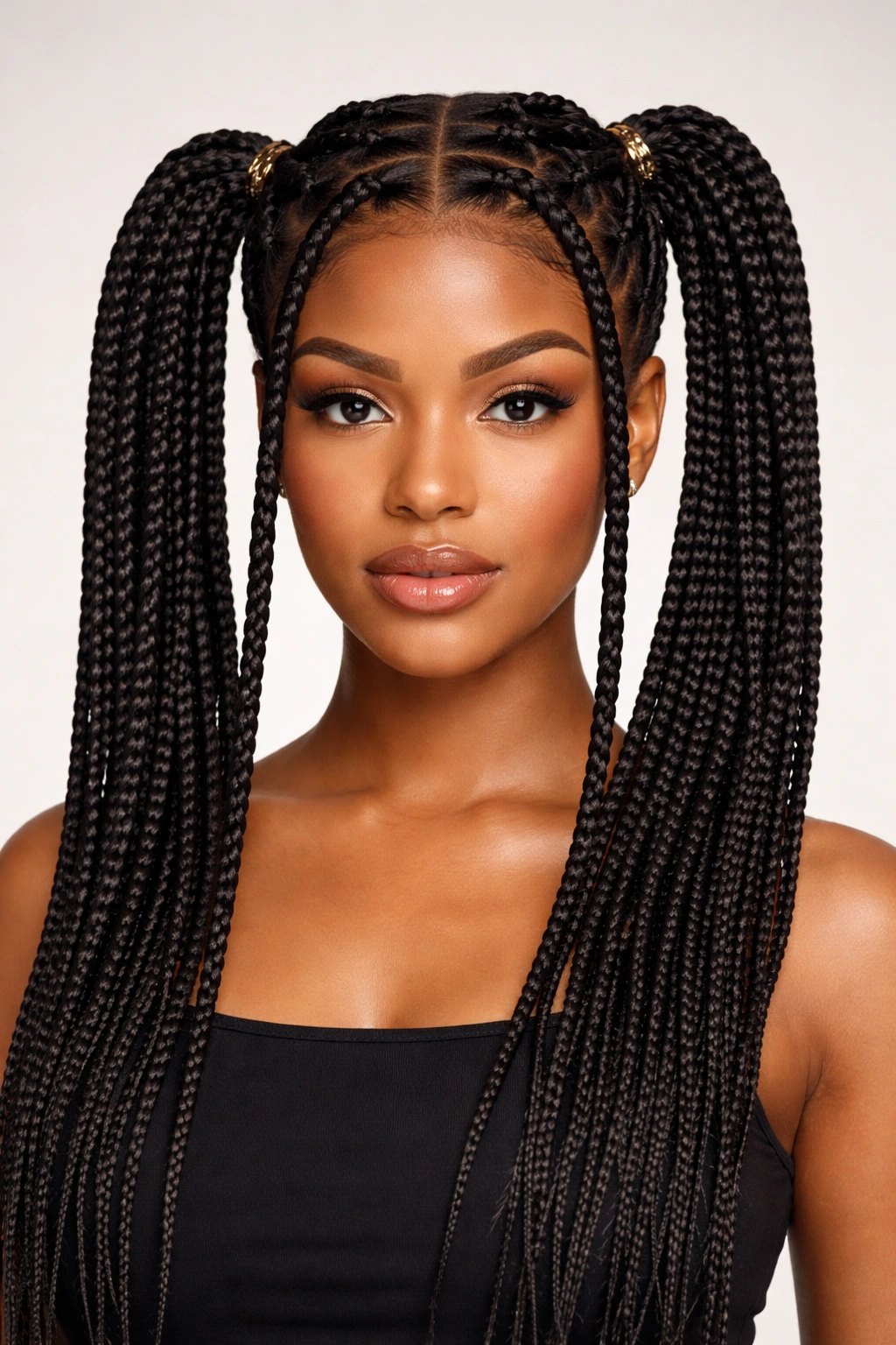 Close-up of box braids pigtails with neat square partitions