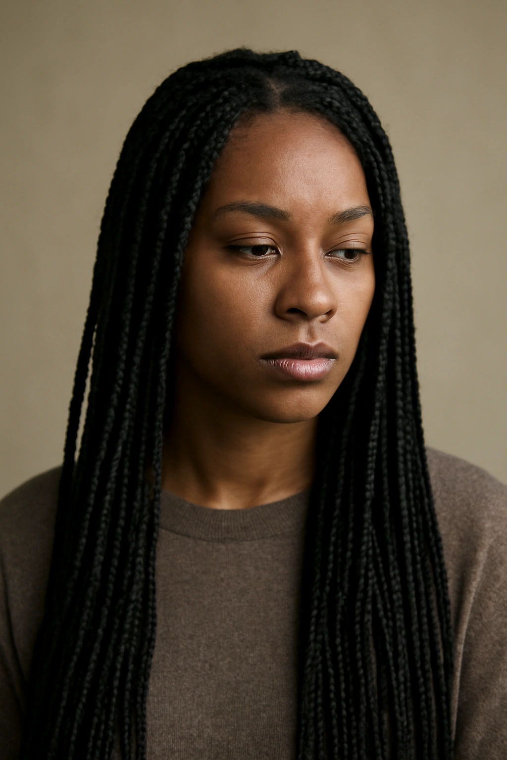 18 Box Braid Styles You'll Want to Show Your Braider 19 Contemplative portrait of a person with box braids in neutral studio lighting