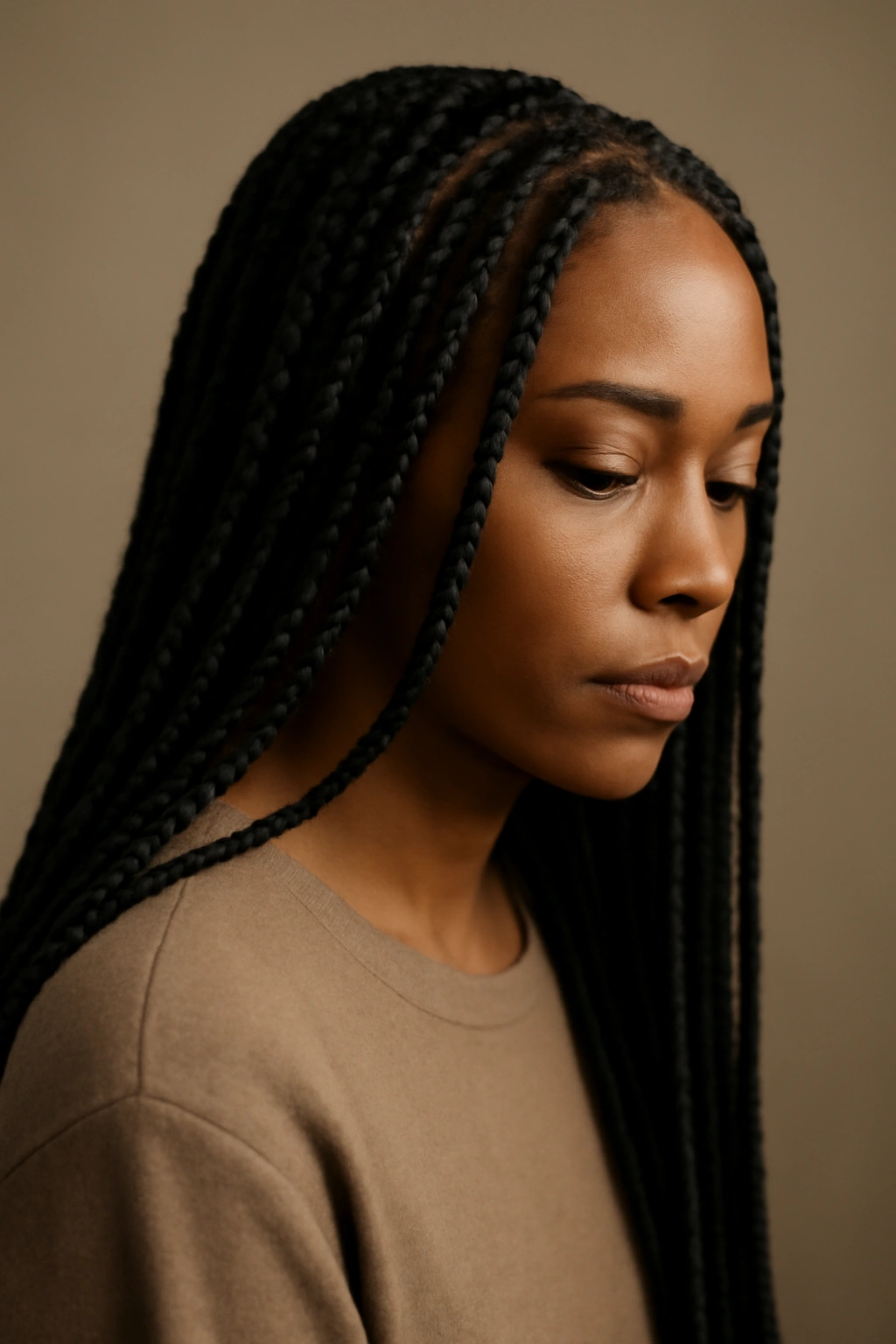 Portrait of a person with long box braids in a minimalist studio, highlighting braid texture and length