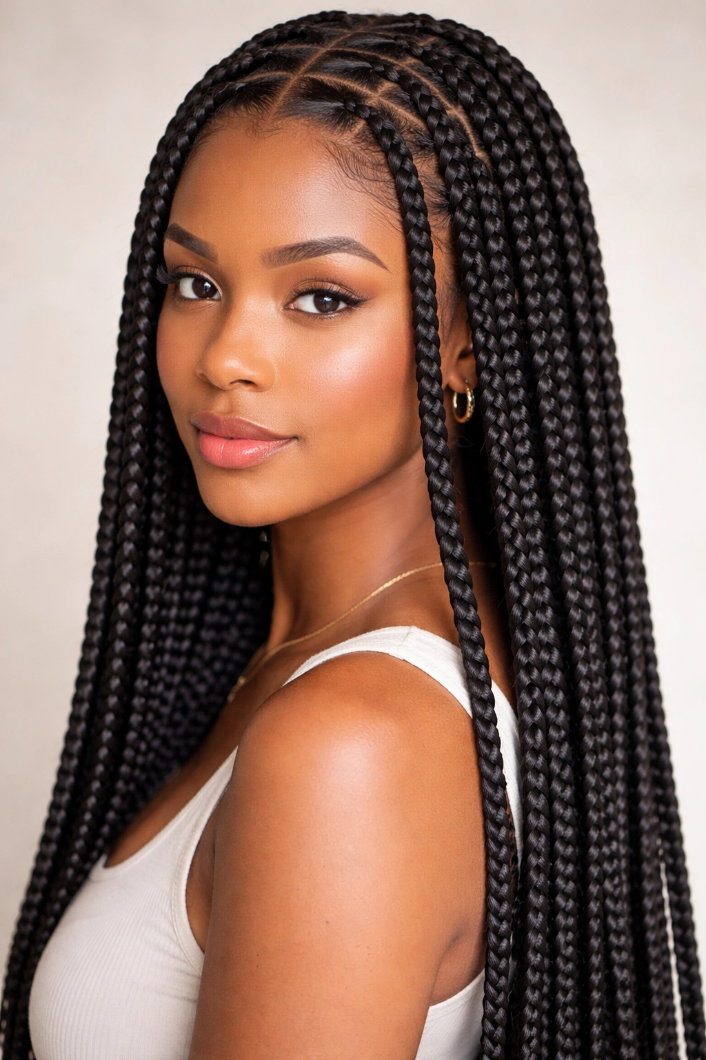 Close-up of Box Braids showing uniform square-section braids and sealed ends.