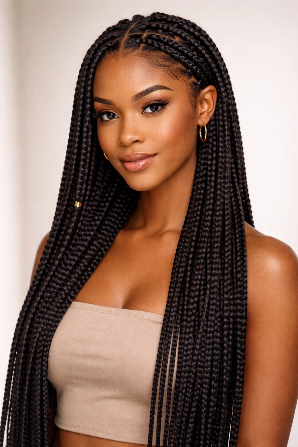 Close-up of classic box braids on a model with square-part sections