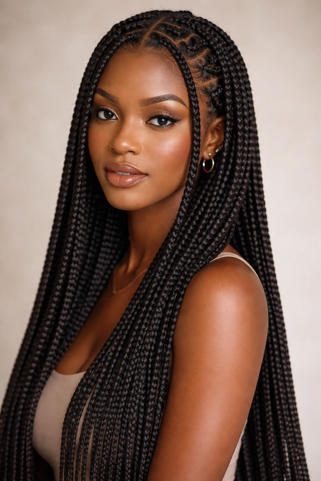Close-up of box braids with square sections on a head, showing shoulder to waist length variations