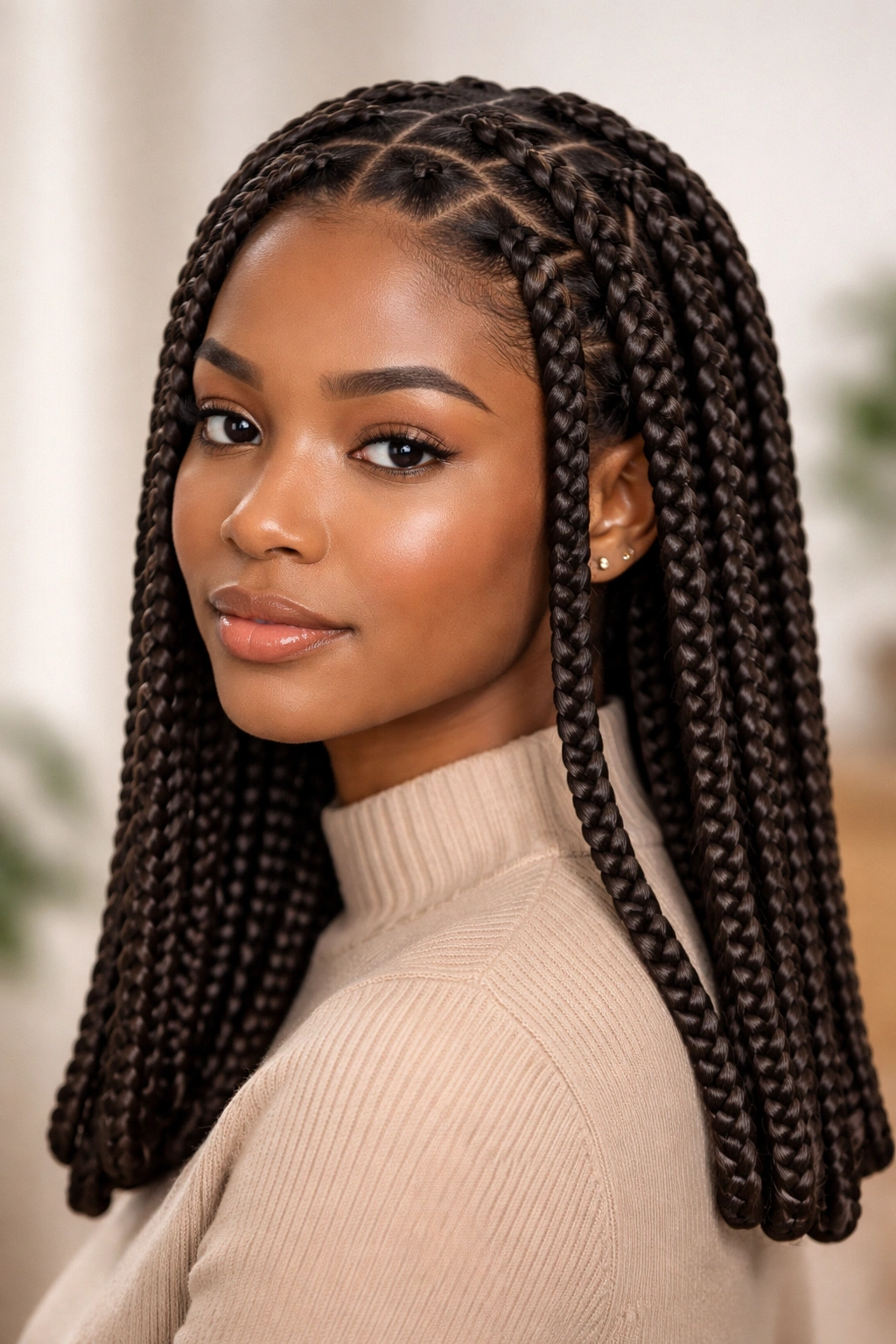 Head and shoulders view of box braids with ends tucked and neatly parted