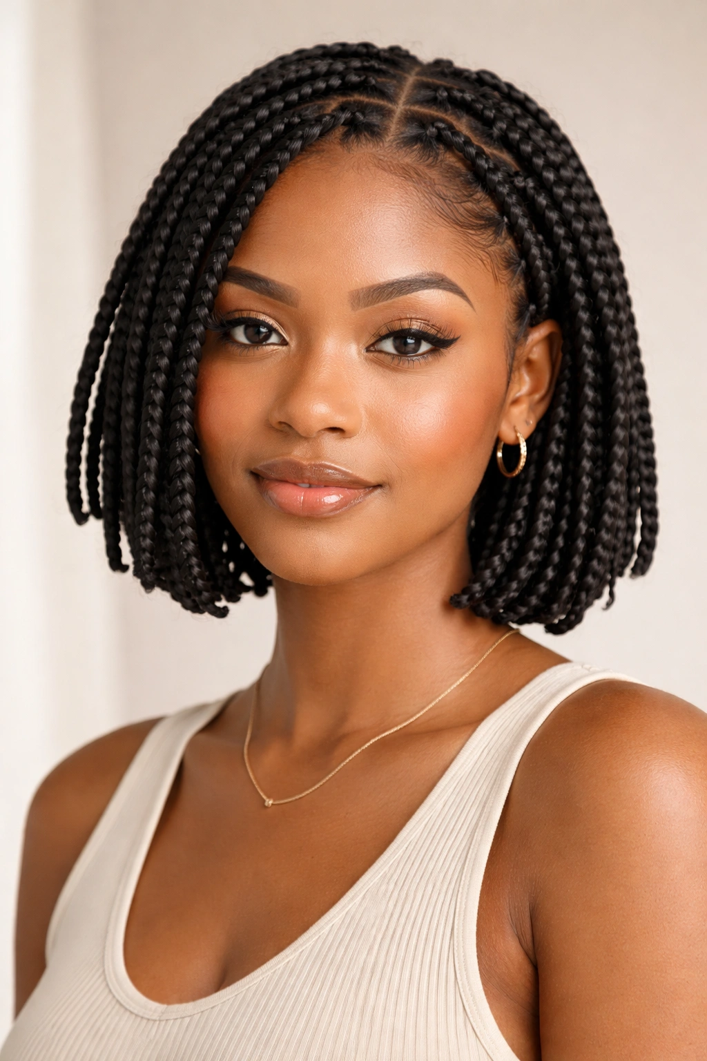 Close-up of short box braids on a textured natural-hair model, showing uniform square parts and a polished look
