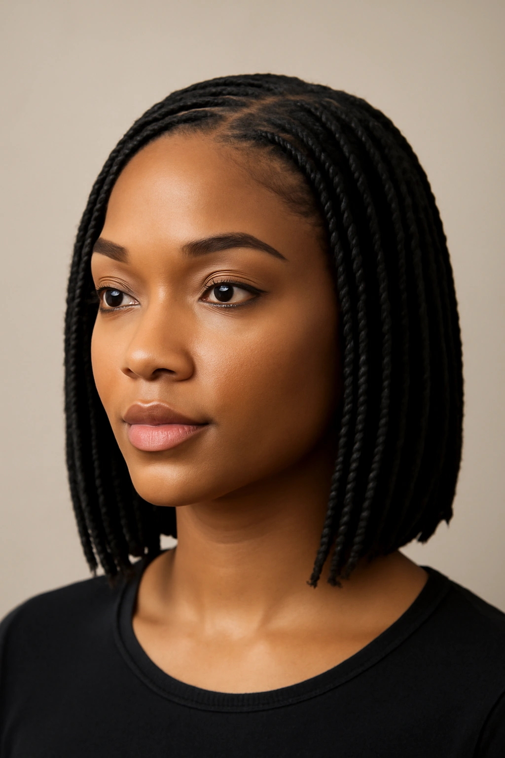 Close-up of a short box braid hairstyle with clean edges and subtle decorative detail