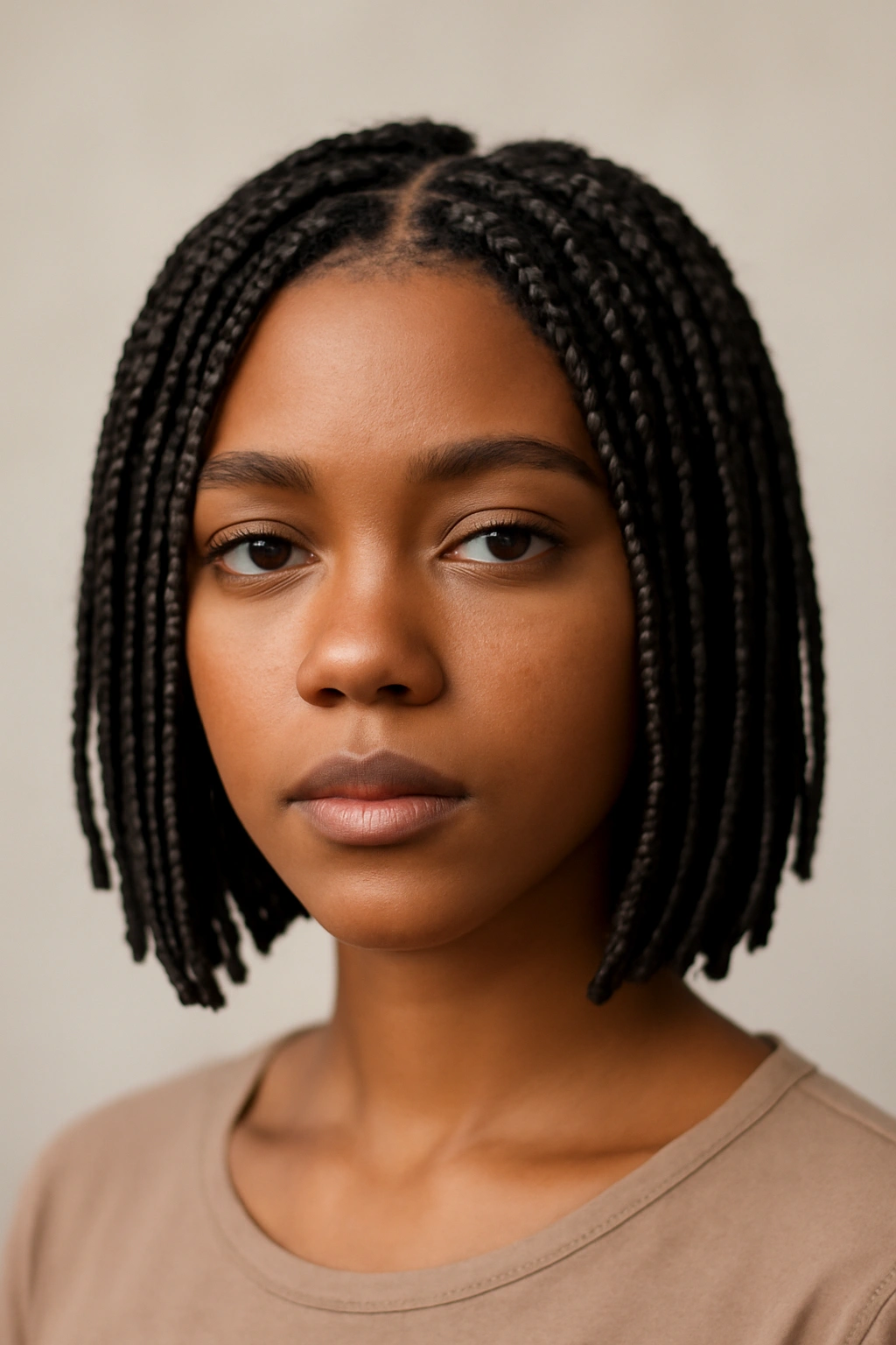 15 Short Braids for Natural Hair You Need to See 1 Close-up of short box braids framing the face in a clean studio.
