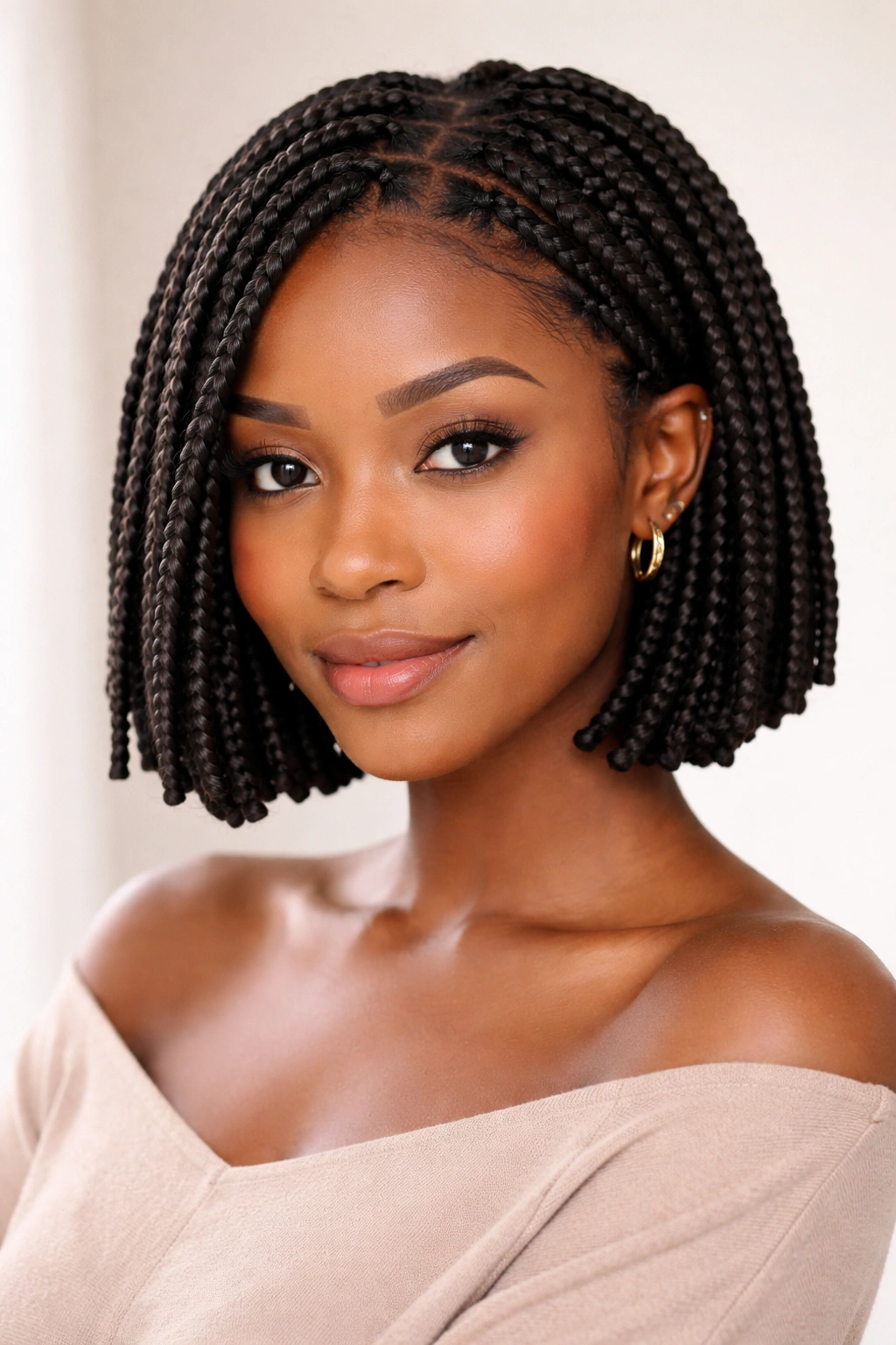 Close-up portrait of a person with short box braids in a studio setting
