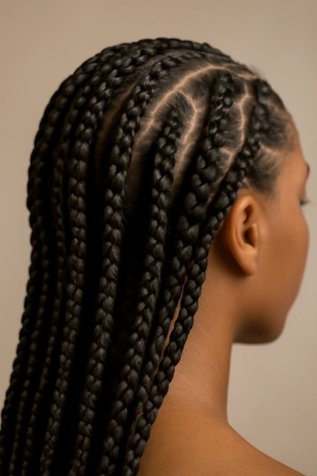 Close-up of box braids with twisted rope textures, showing texture variation