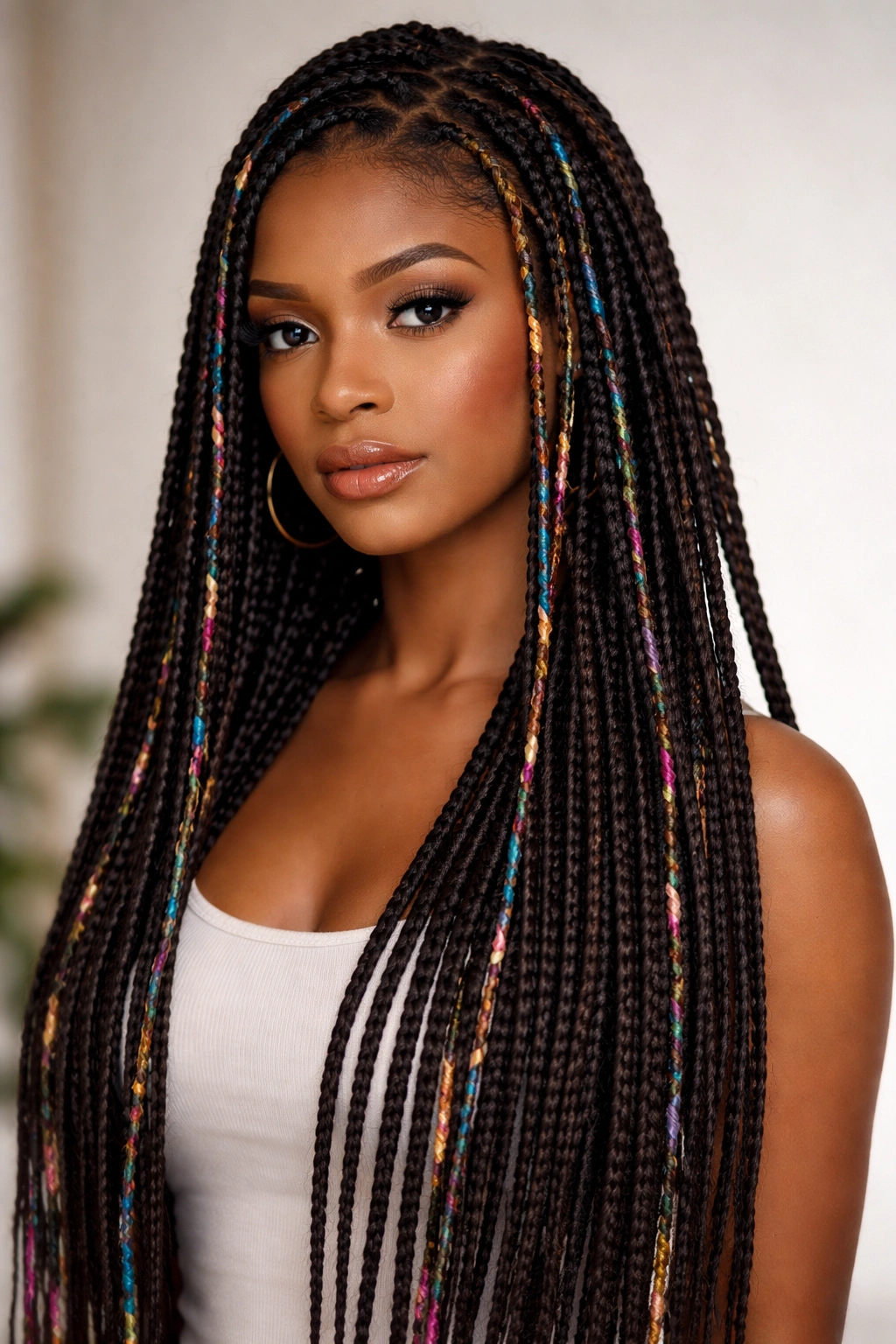 Close-up portrait of a person with long box braids and colored threads.