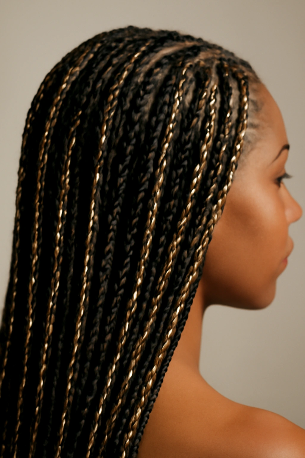 Close-up of box braids with metallic tinsel accents catching light