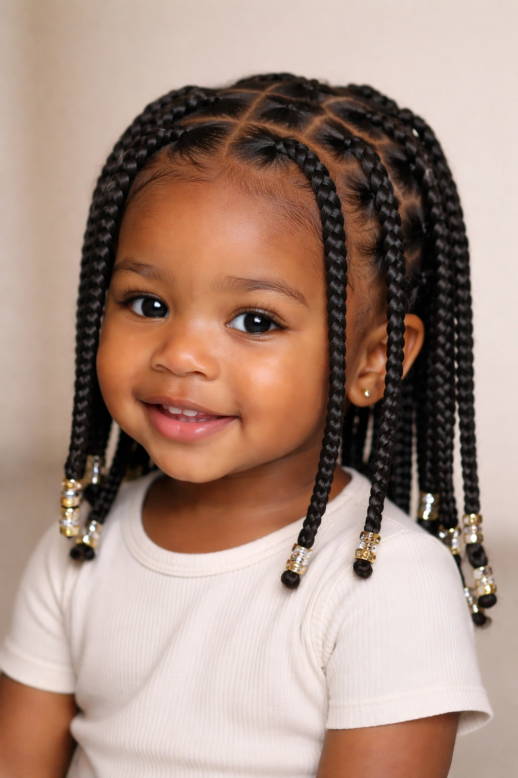 Close-up of toddler with box braids showing neat square sections and protected scalp