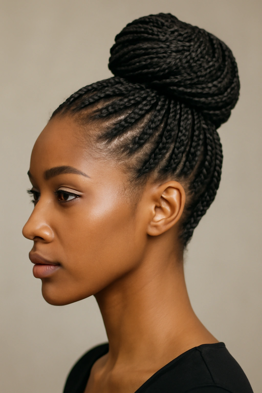 20 Box Braid Styles From Short Bobs to Waist Length 13 Close-up of a braided updo bun formed from box braids.