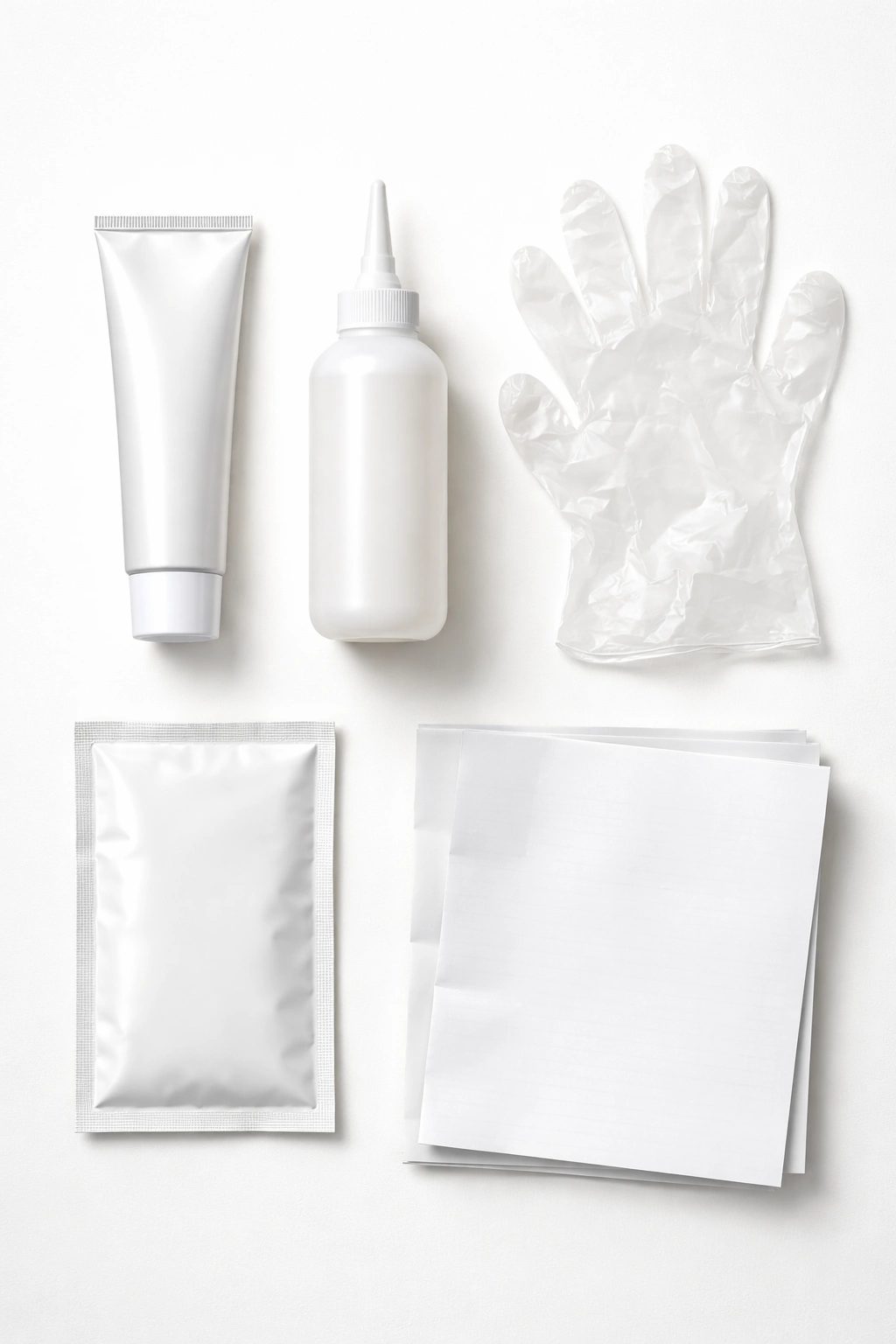 Close-up of an unlabelled box dye kit components laid out on a clean surface, showing color cream, developer, gloves, conditioner, and a blank sheet