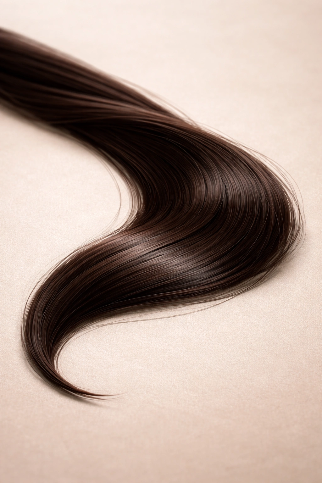 Single dark hair strand on a plain surface illustrating a safe box dye scenario