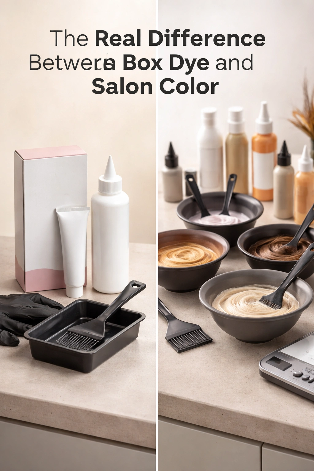 Split-frame showing box dye kit versus professional salon color setup with no visible labels