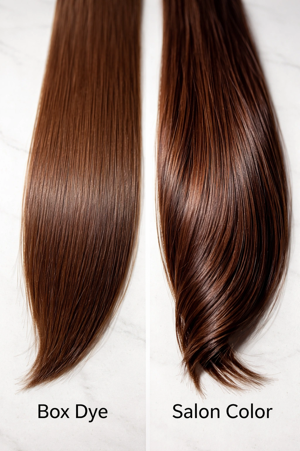 Two hair strands showing box dye and salon color differences in depth and texture