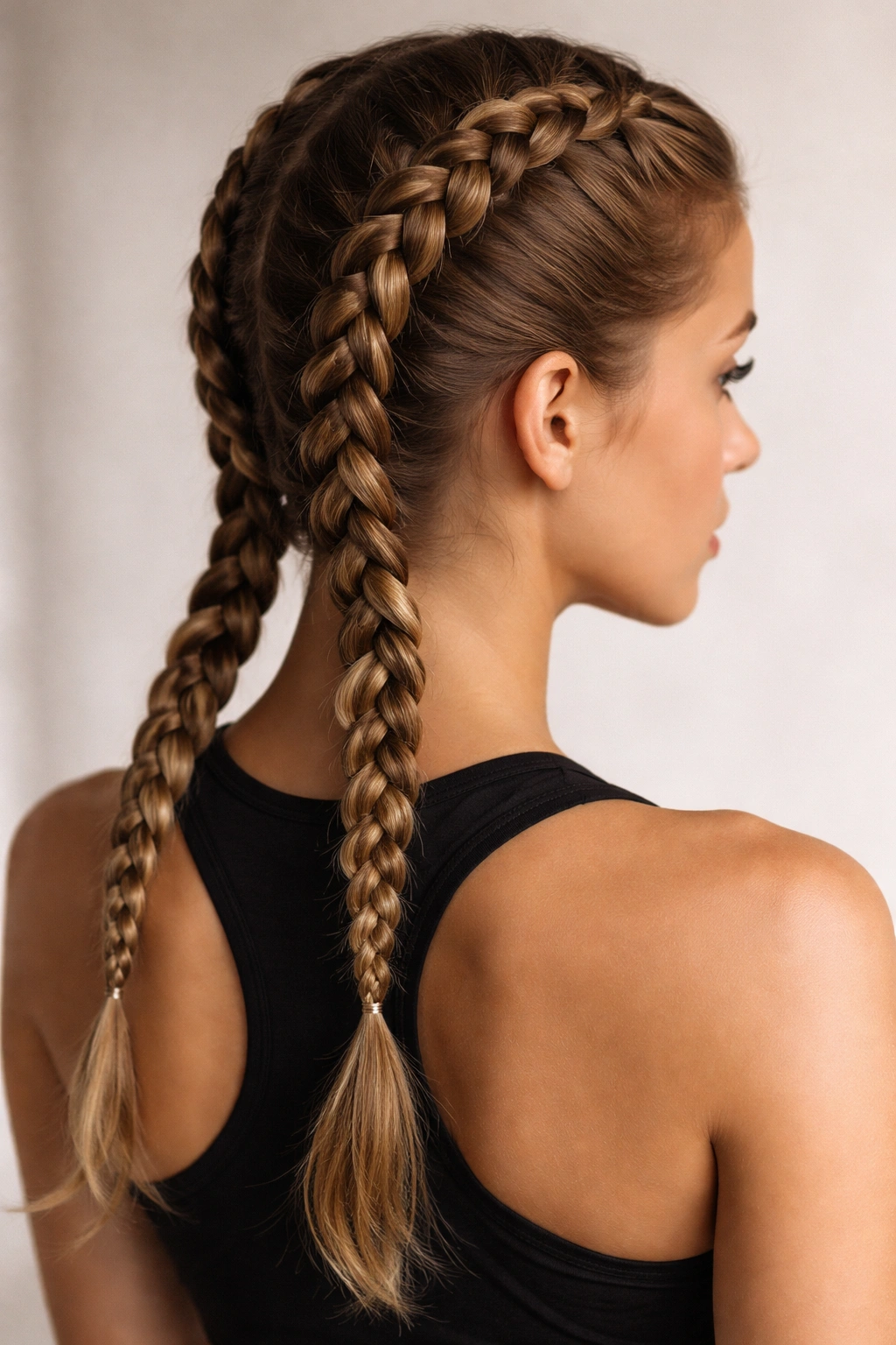 Rear view of two tight boxer braids down the back of the head