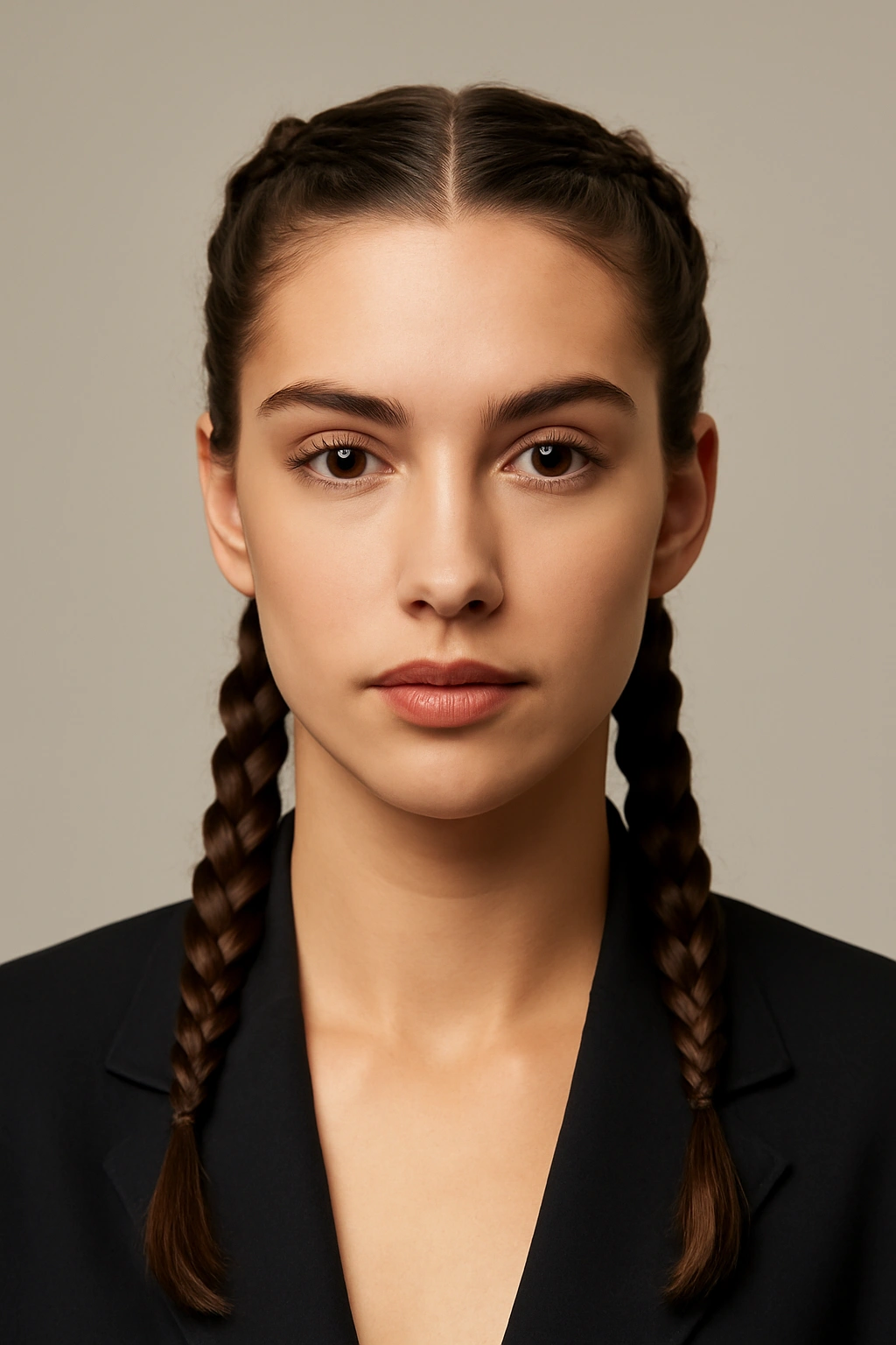 Two symmetrical Dutch boxer braids along the scalp for a polished professional look