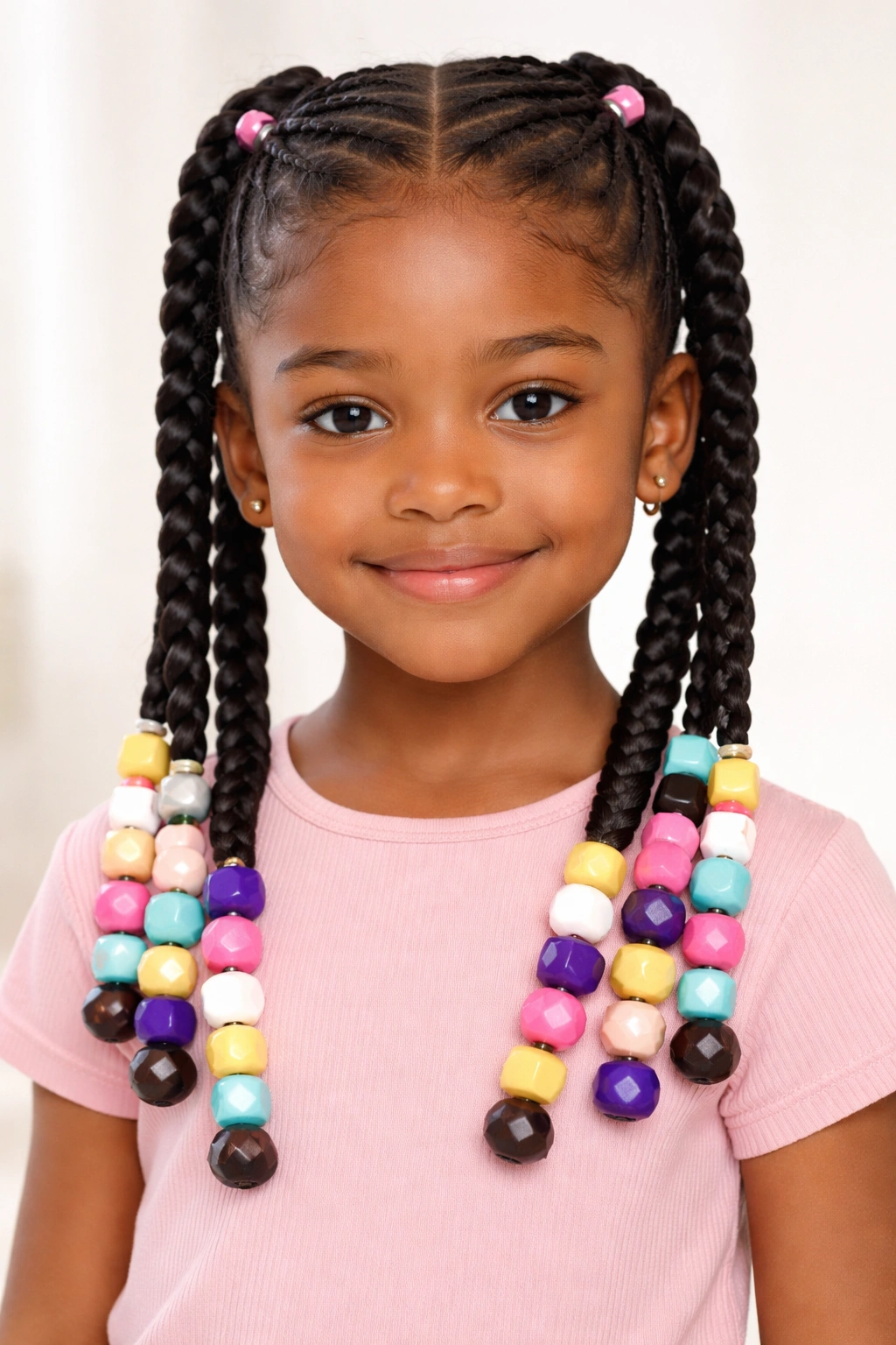 Front view of two Dutch boxer braids with bold geometric beads on a young girl's head