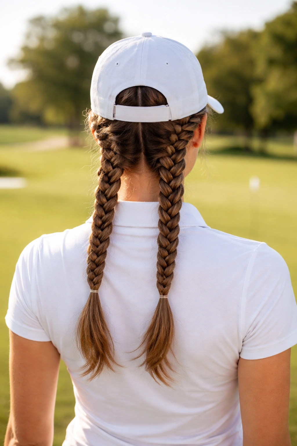 10 Hairstyles That Look Great On The Golf Course 8 Back view of a golfer showing two parallel boxer braids on a sunny course