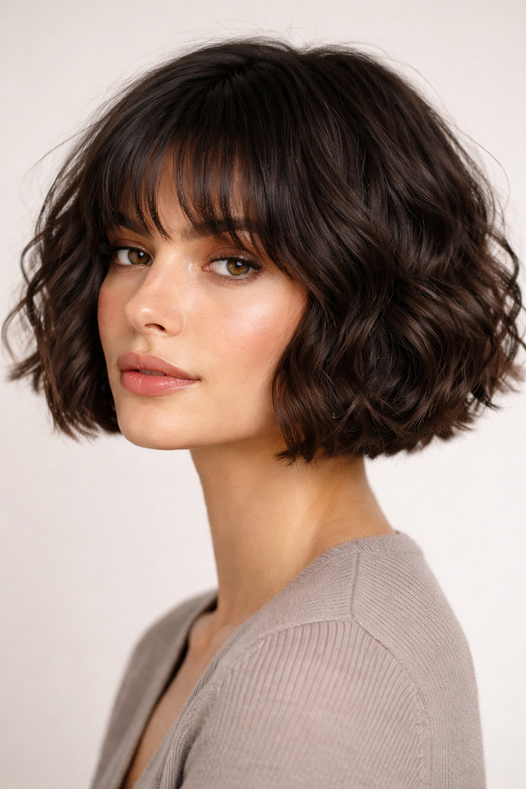 Close-up headshot of a boxy bob with crisp geometric lines and subtle curl texture.