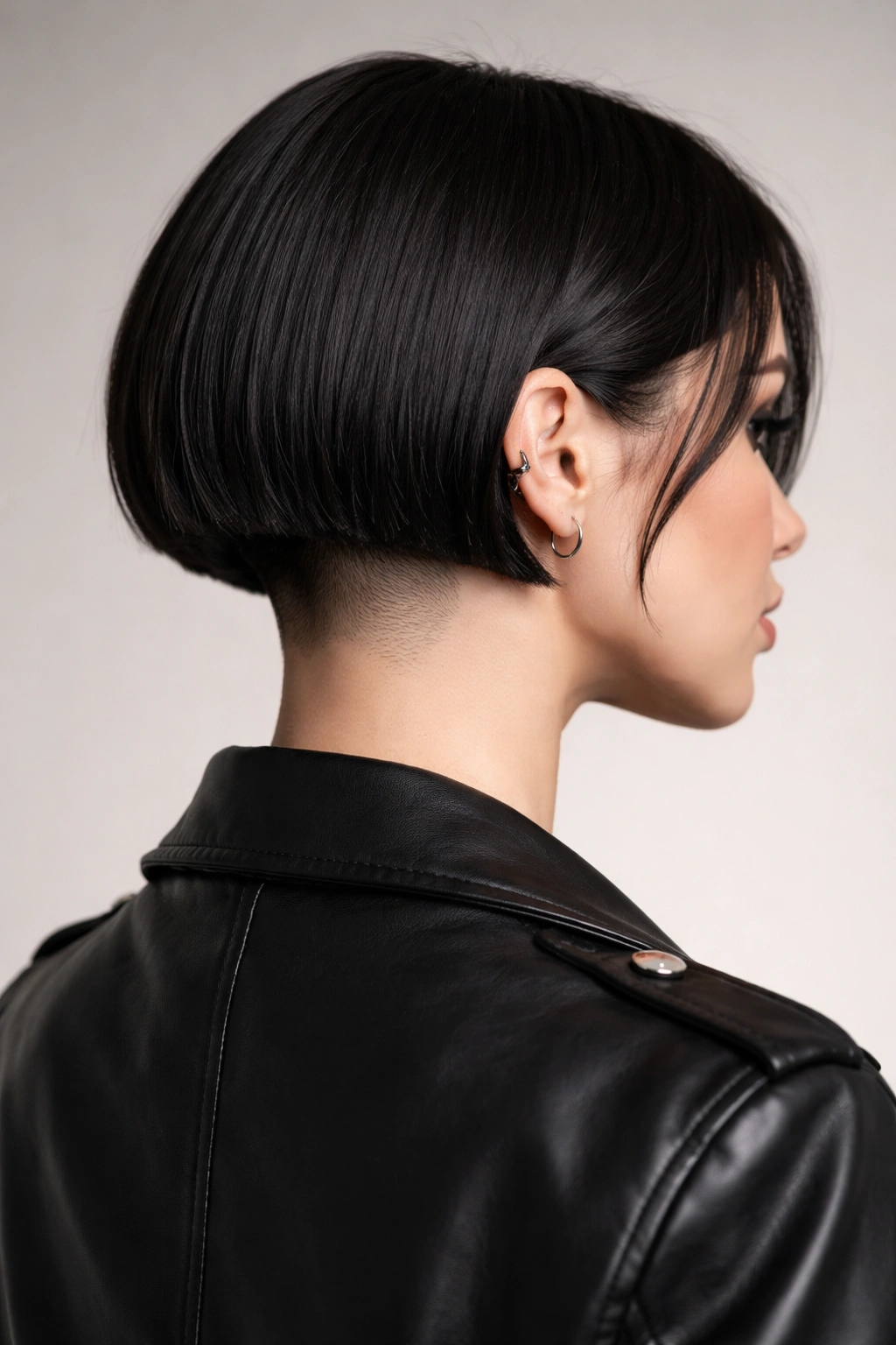 Three-quarter portrait of a boxy chin-length bob with a shaved nape