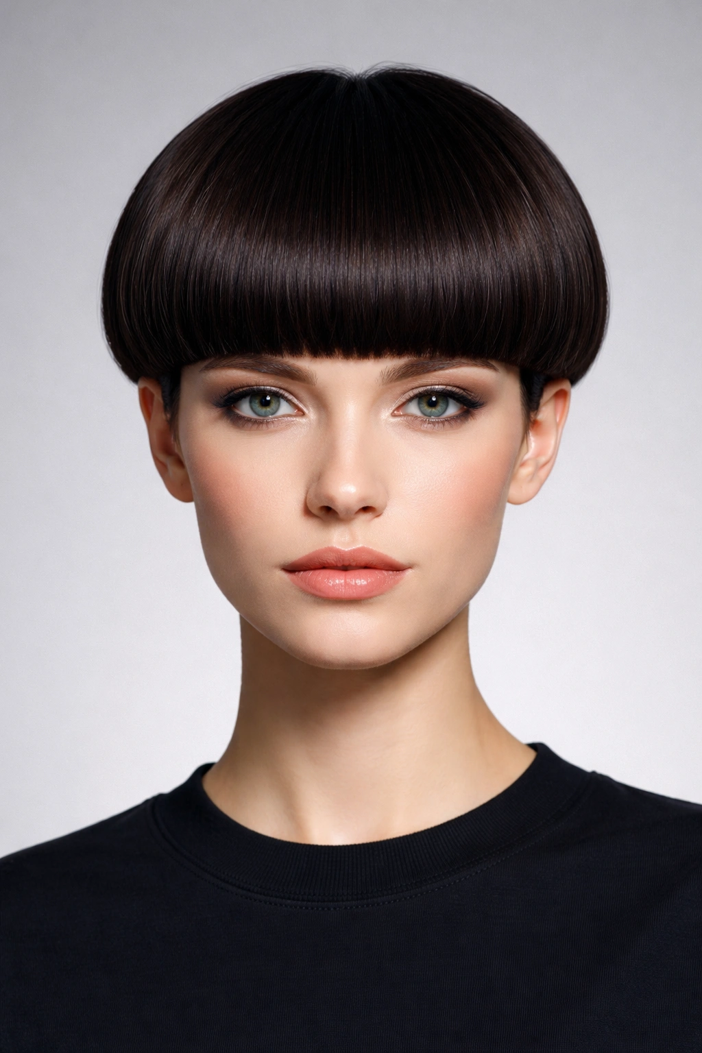 Front view of a boxy structured bowl cut with crisp lines