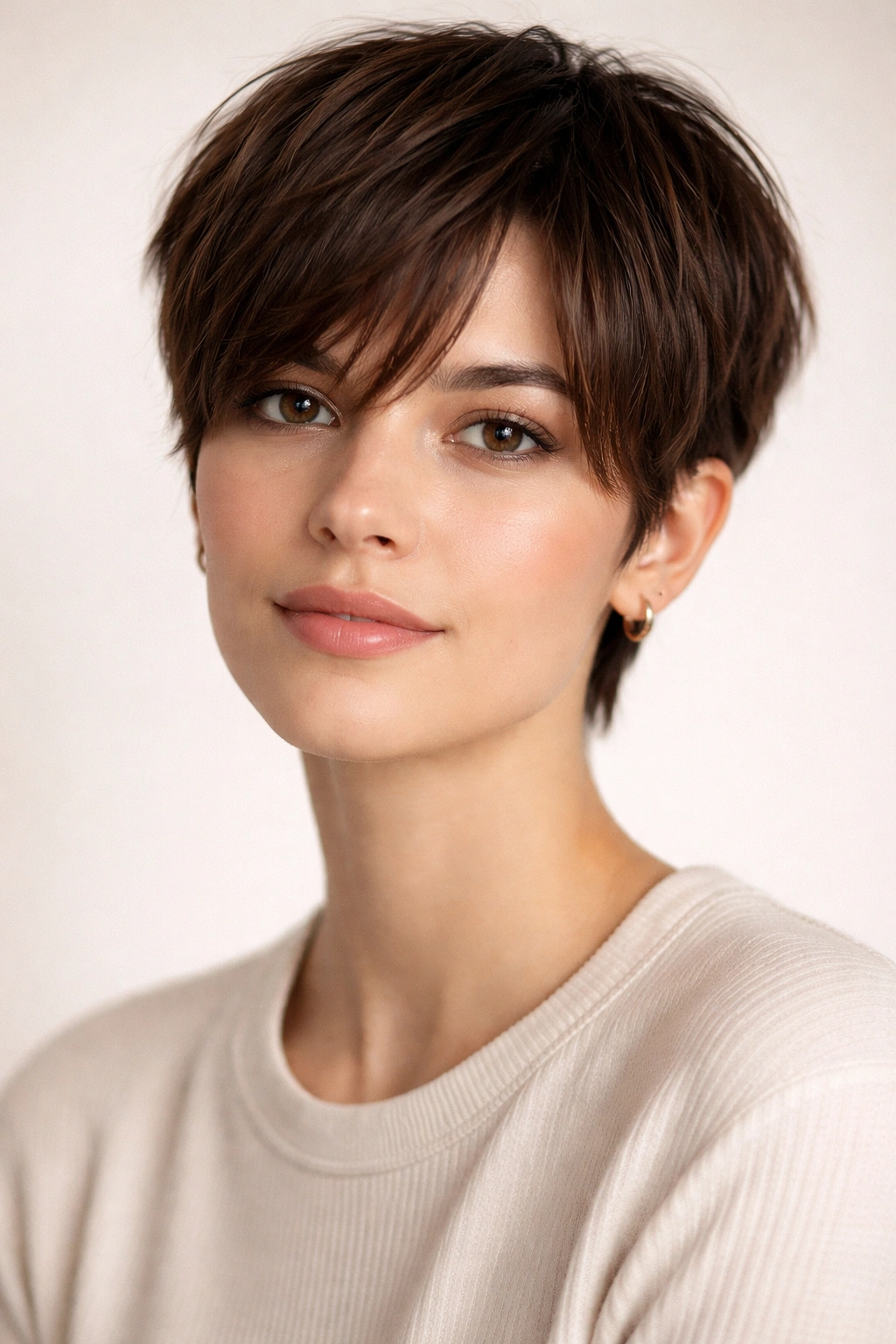 Portrait of a model with a boyish short cut and soft curtain bangs.