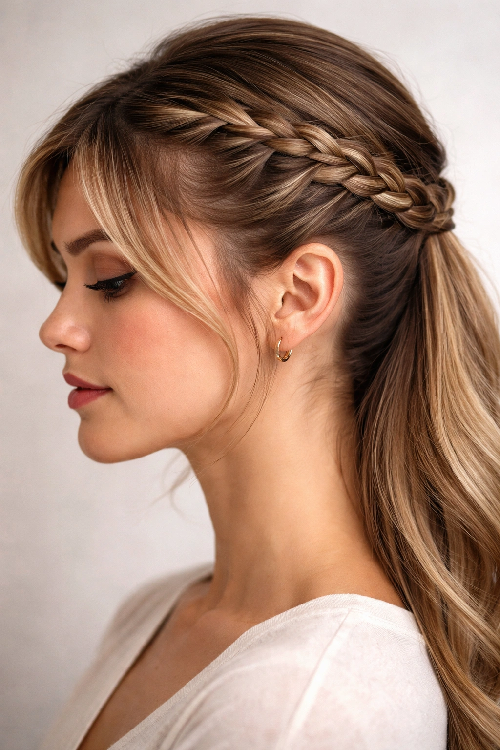 Profile view of Dutch braid along hairline holding back bangs