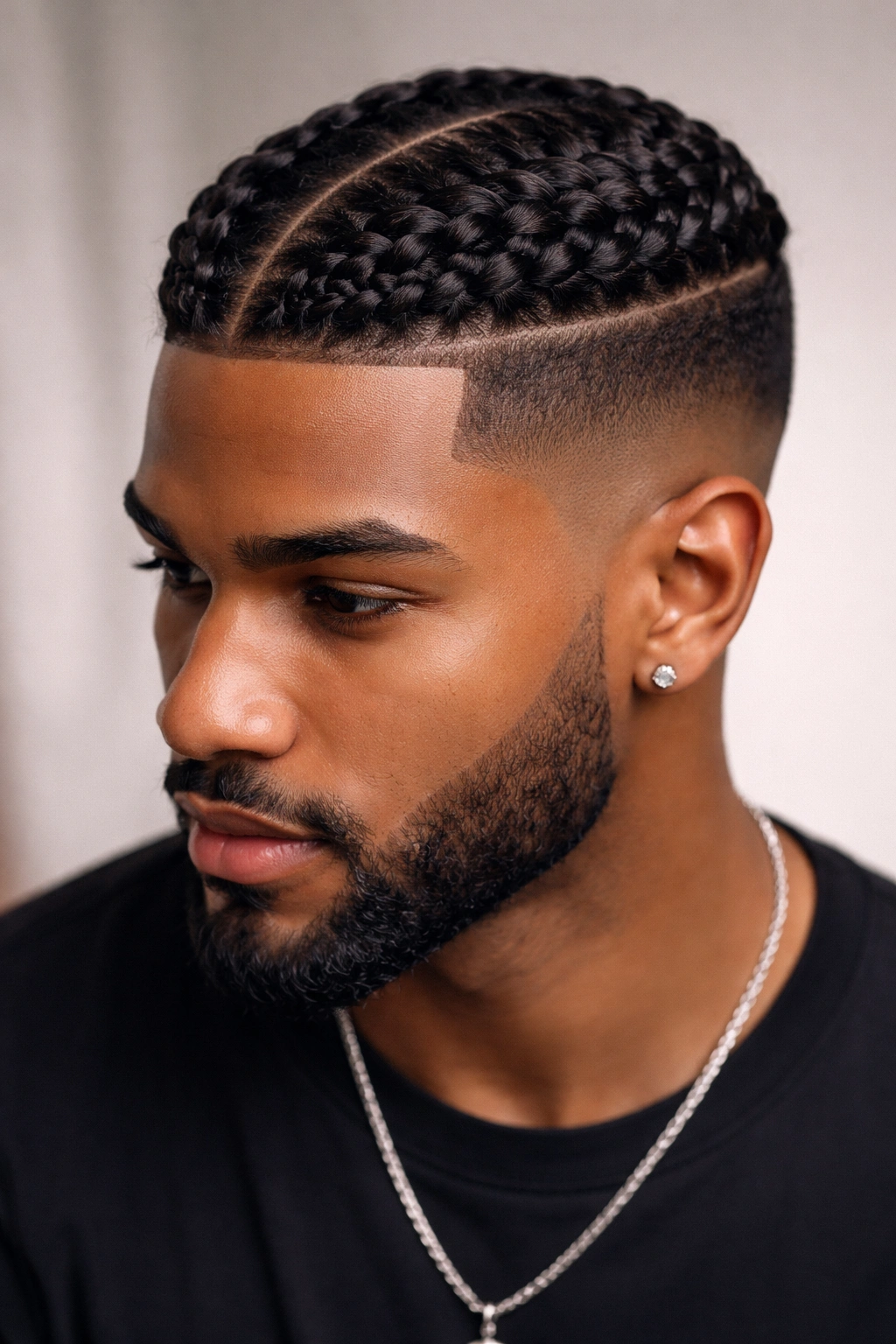 Close-up of a crown braid with faded sides on a model head in studio lighting