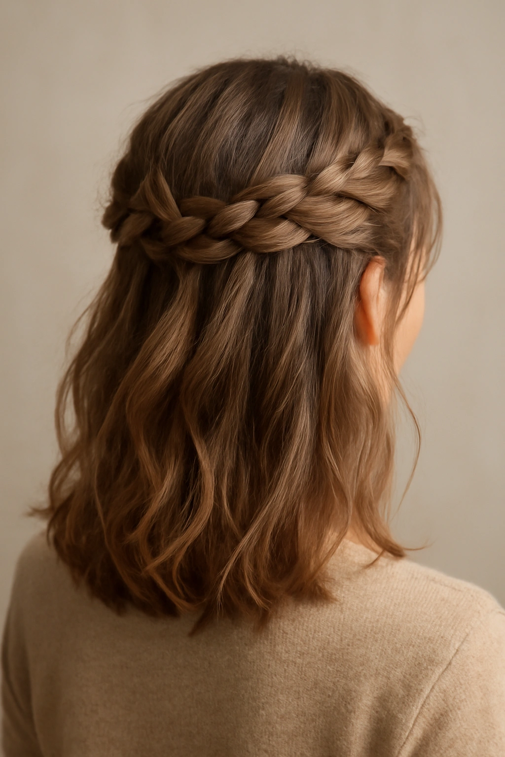 Crown braid half-up hairstyle viewed from behind