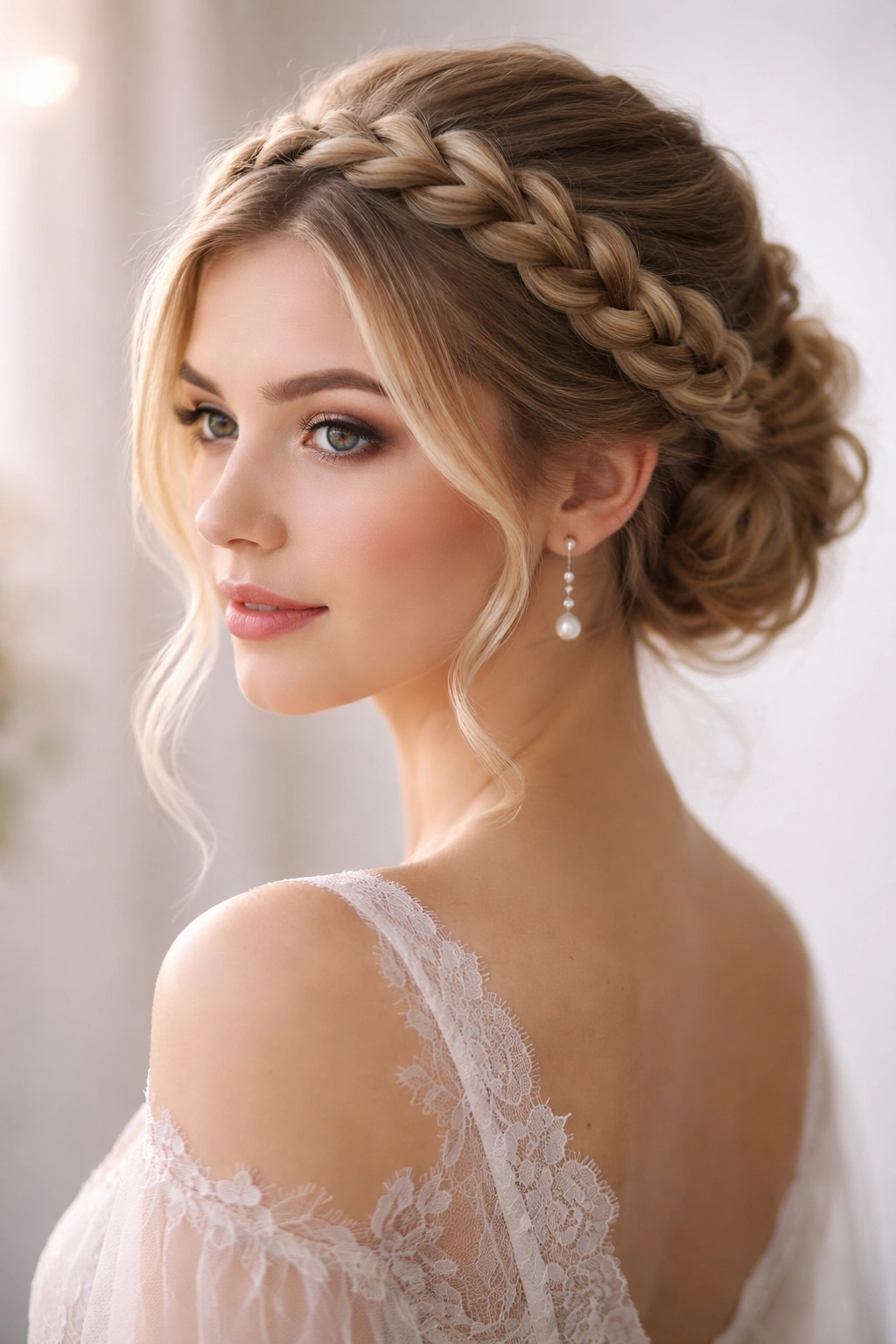 Braided crown updo with Dutch braid around the head