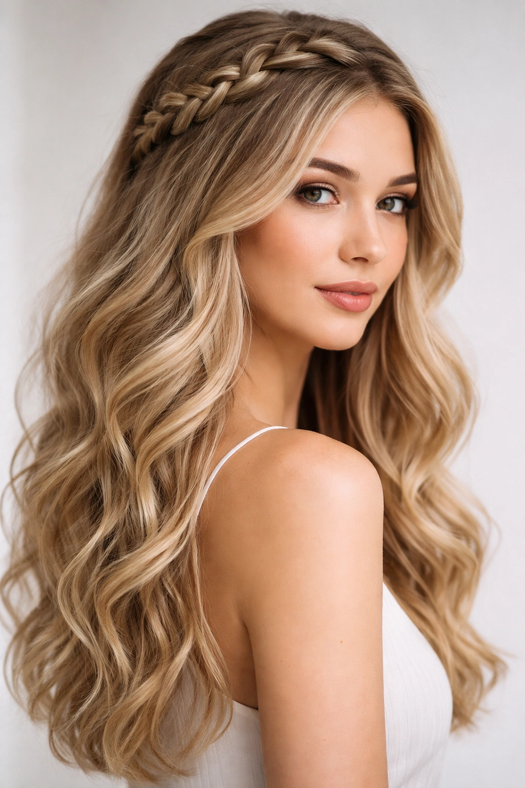Braided crown with loose waves showing crown density and flowing hair