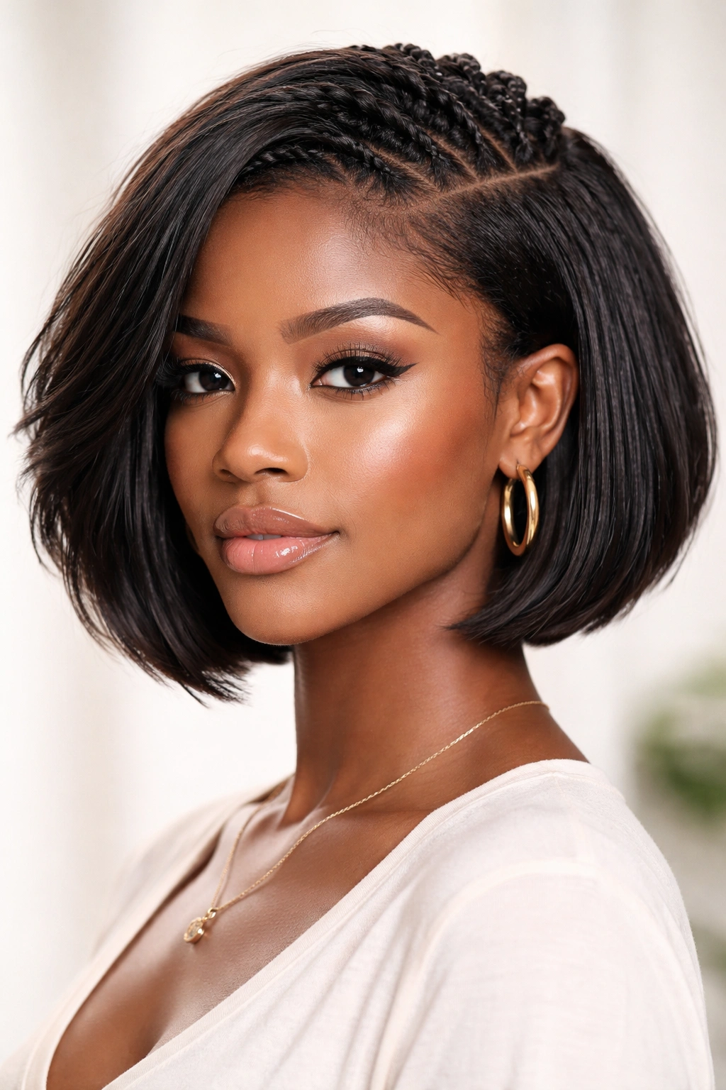 Chin-length textured bob designed to accommodate braids with crown texture.