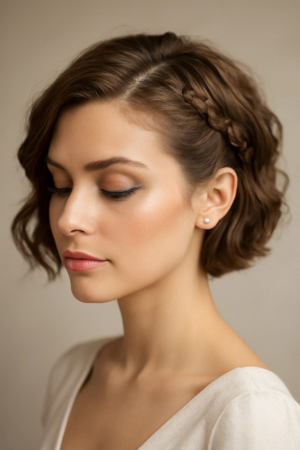 10 Pretty Bridesmaid Hairstyles for Short Hair 7 Close-up of short hair with a single thin braid at the temple