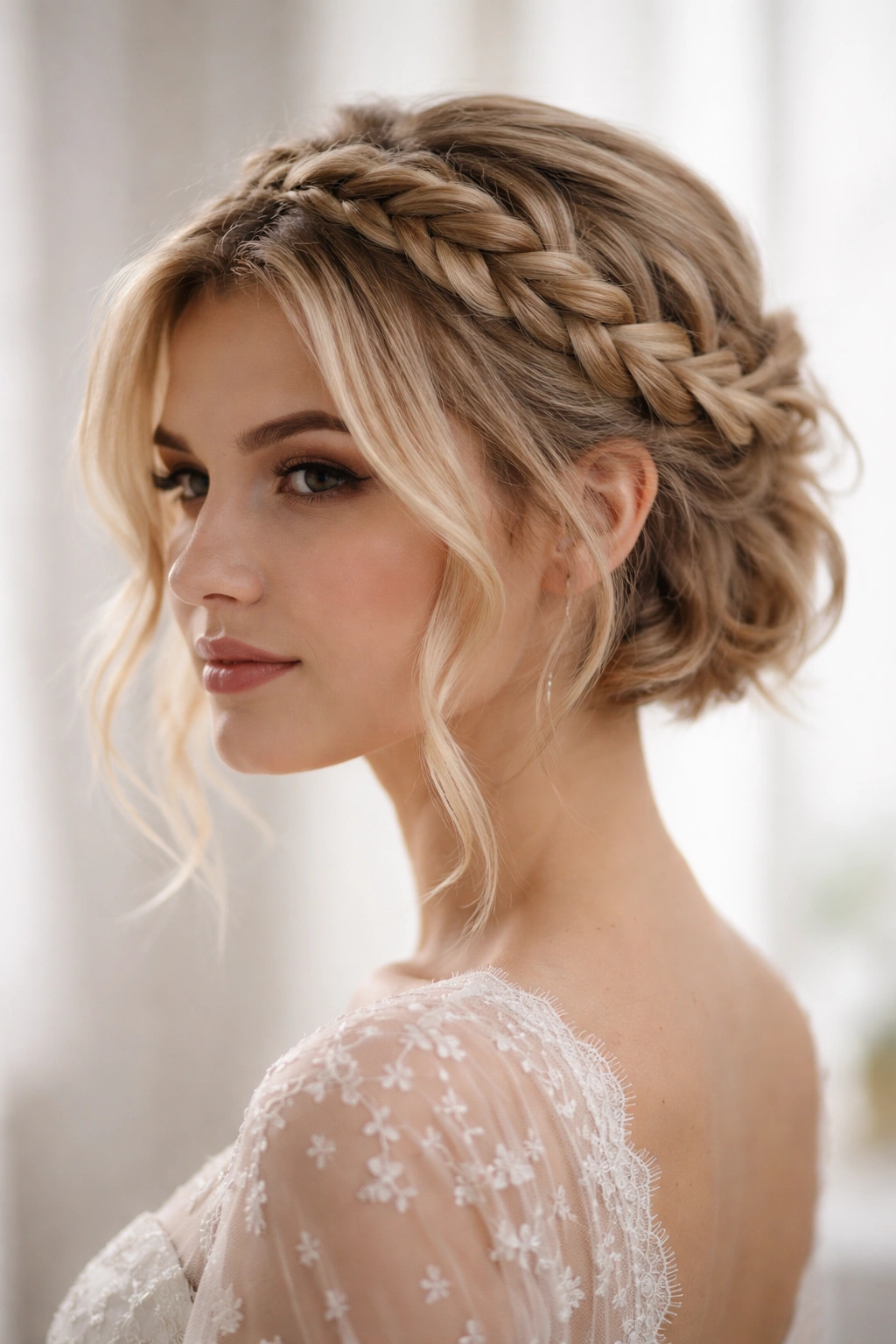 Halo braid with loose tendrils around the face on short hair.