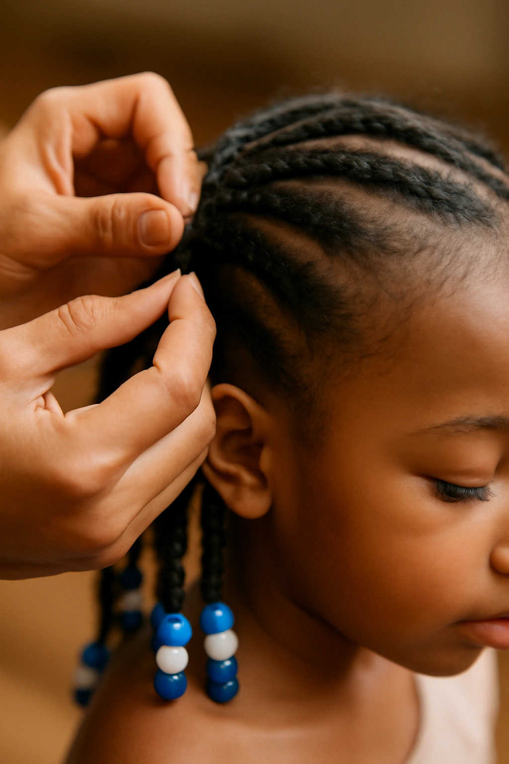 12 Beautiful Braided Hairstyles for Black Toddlers 14 Hands rebraiding roots on toddler's braided hair with beads