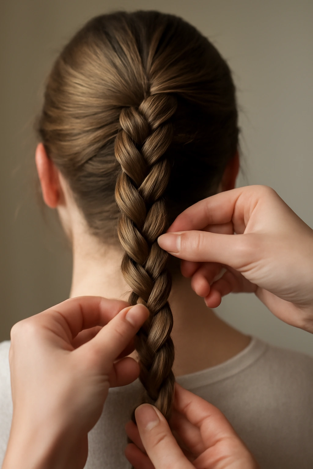 How to Do a Spiral Braid at Home Step by Step 12 Hands balancing tension on a spiral braid to avoid unevenness