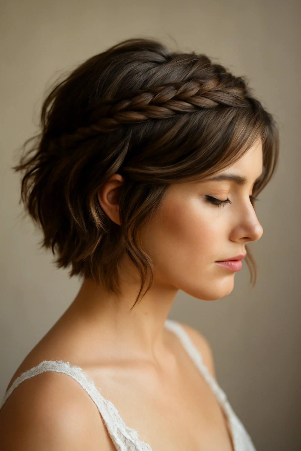 10 Wedding Hairstyles Short-Haired Brides Will Love 9 Short layered hair with a wrap-around braid around the head