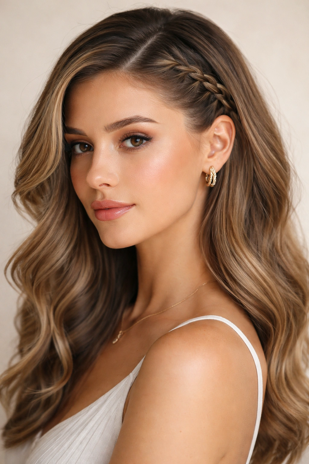 Side-part hairstyle featuring a small braid along the temple.