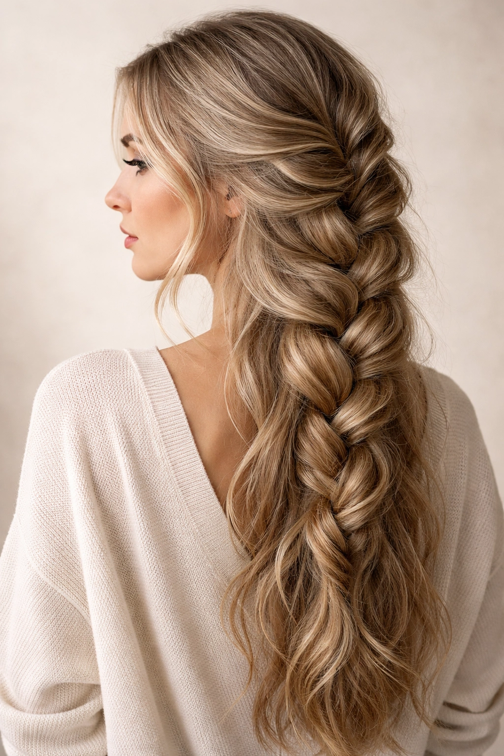 Loose textured braid along long hair with visible texture