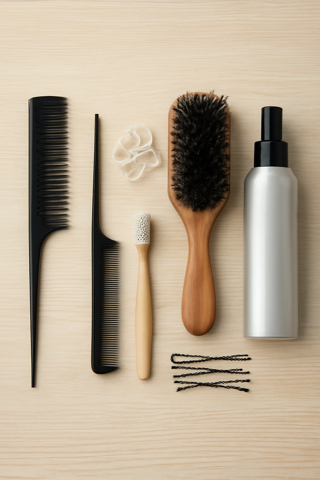 How to Do a Spiral Braid at Home Step by Step 3 Flat lay of hair tools prepared for spiral braiding