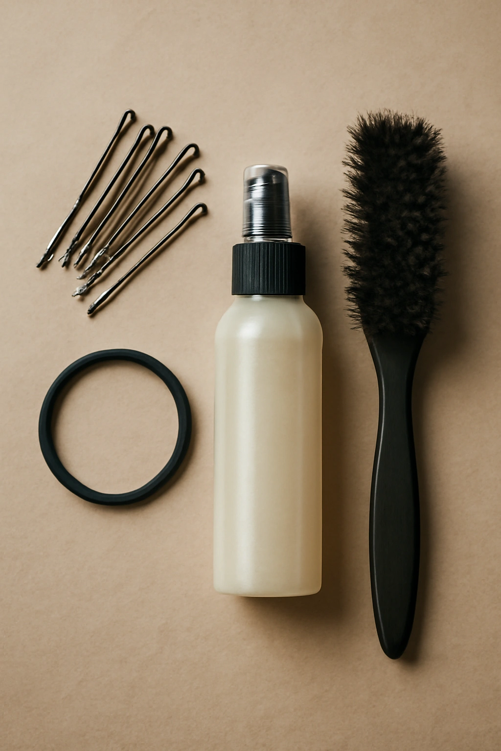 8 Half-Up Braided Styles That Were Made for Weddings 11 Flat lay of hair pins, textured elastics, texture spray, and teasing brush for half-up braids