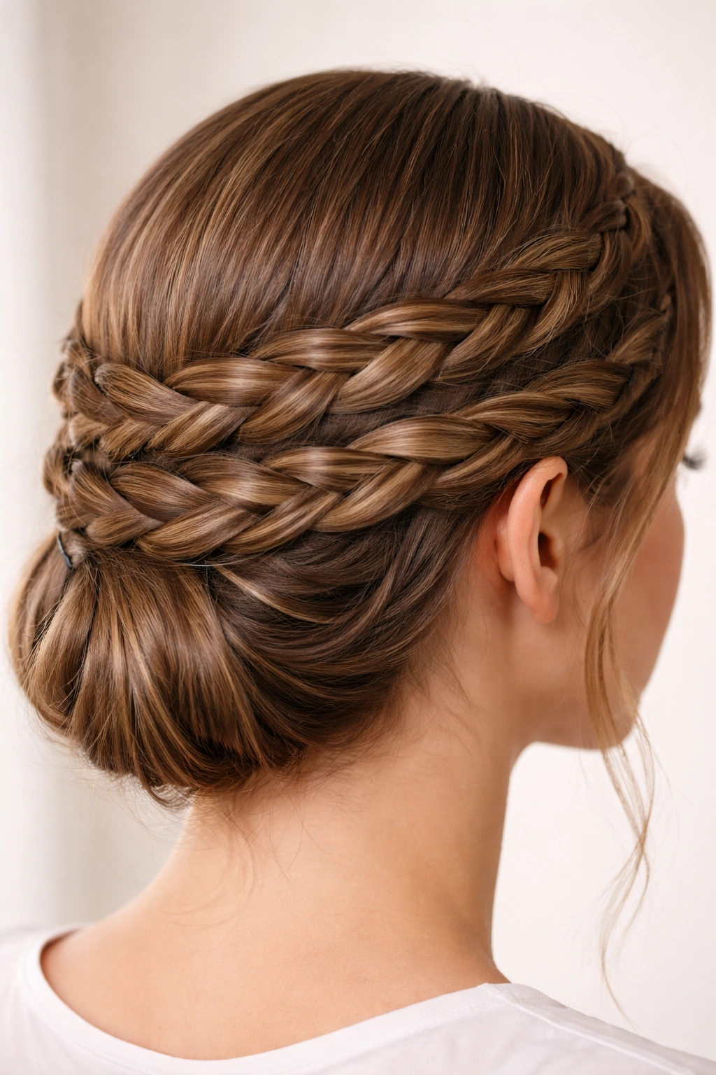 Side view of loose braids wrapped around the crown and pinned, creating a flat base