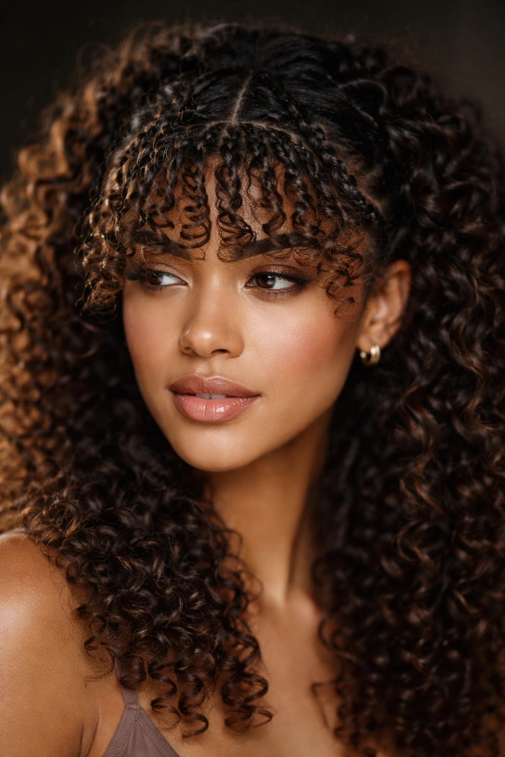18 Gorgeous Ways To Wear Bangs With Curly Hair 15 Close-up of braided bangs in a curly hairstyle showing texture