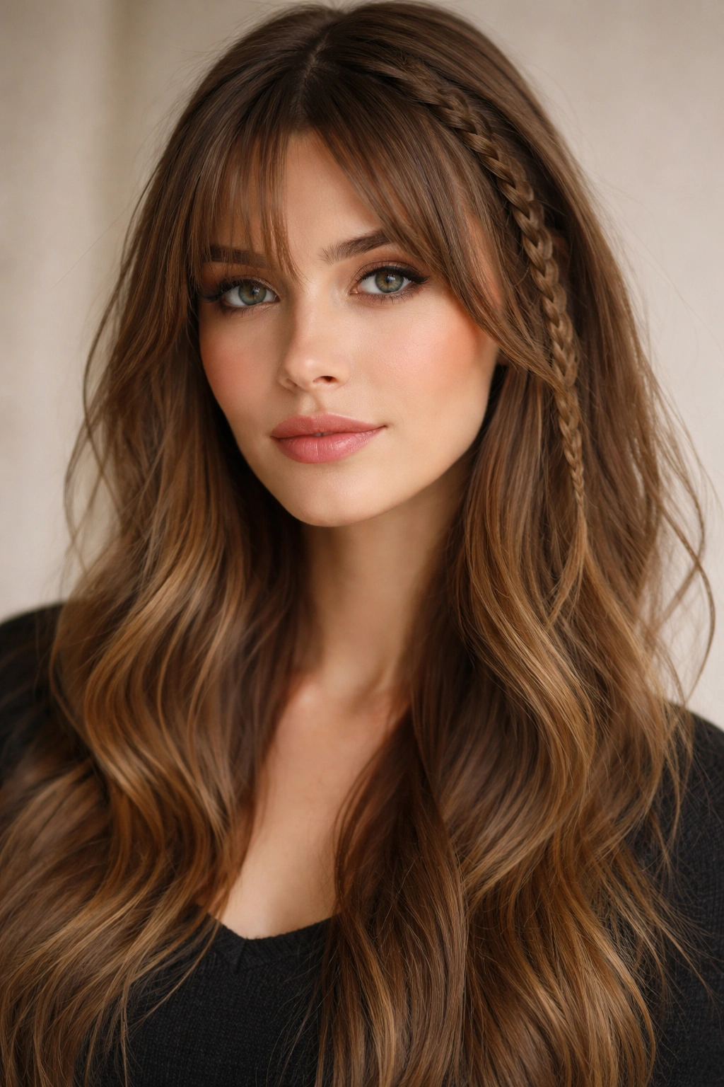 Face-framing bangs with a small side braid and loose hair around shoulders