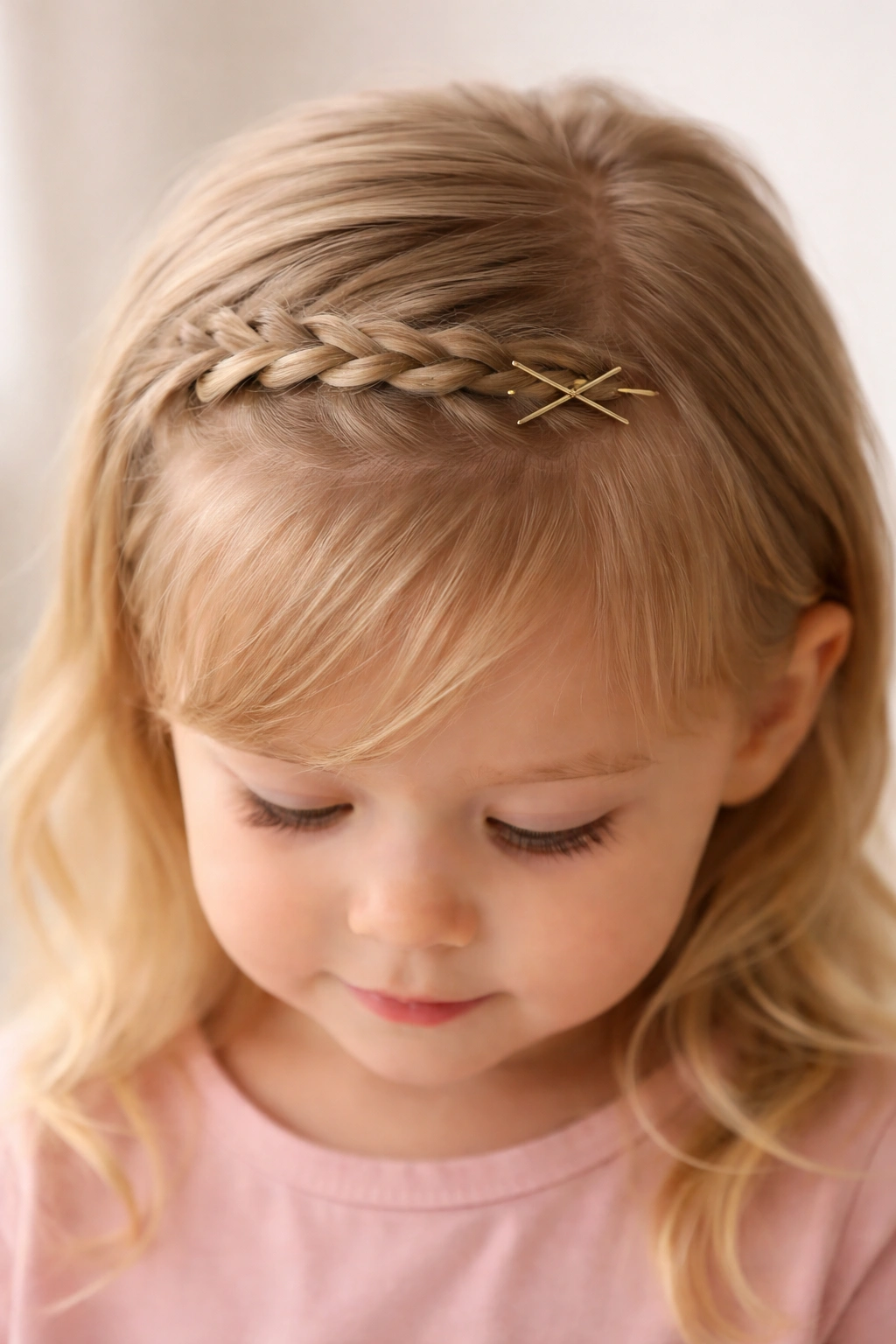 Close-up of braided bangs pinned back to keep hair from the face.
