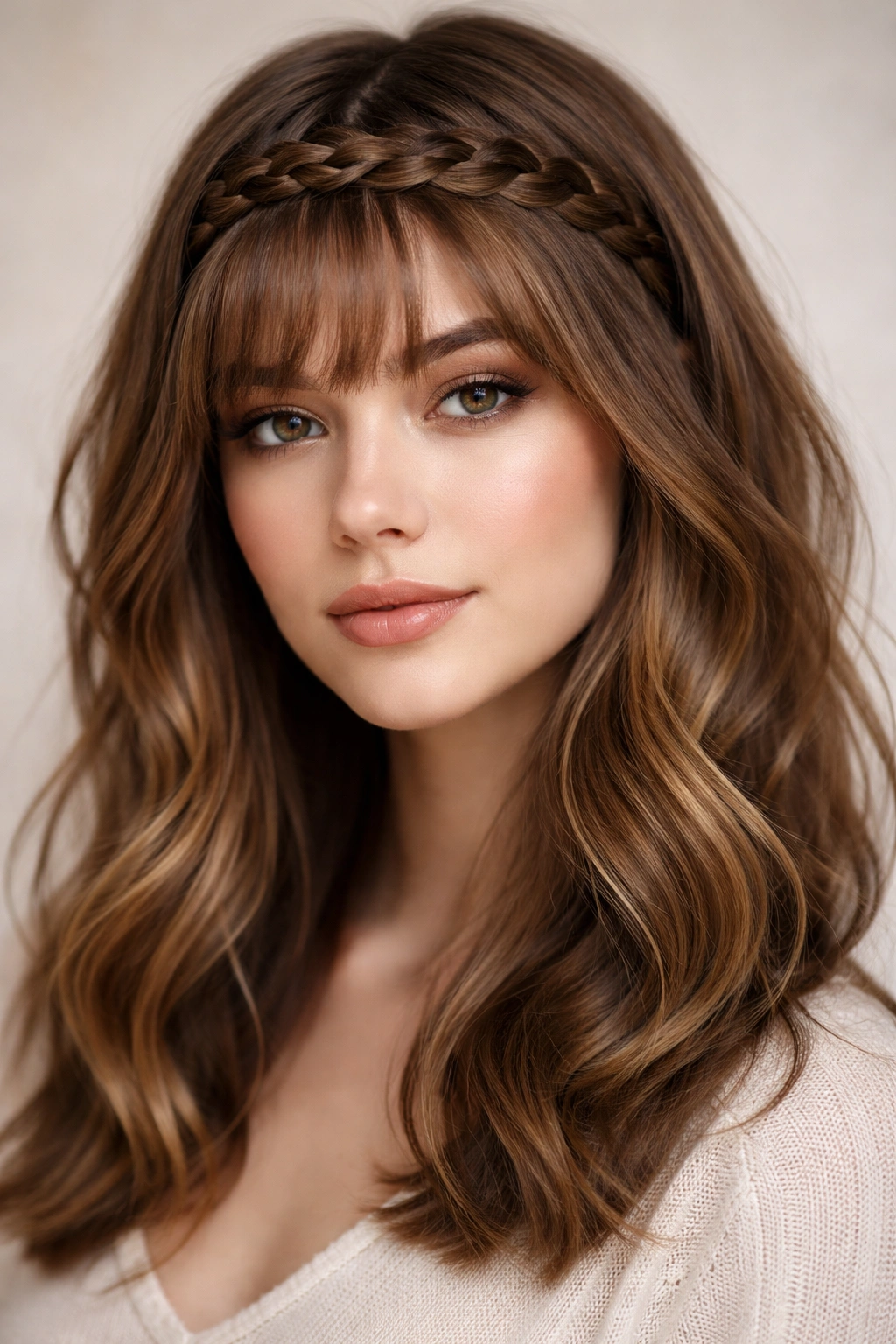 18 Bangs To Try With Medium Length Hair 13 Close-up of braided bangs with a woven front braid in medium-length hair