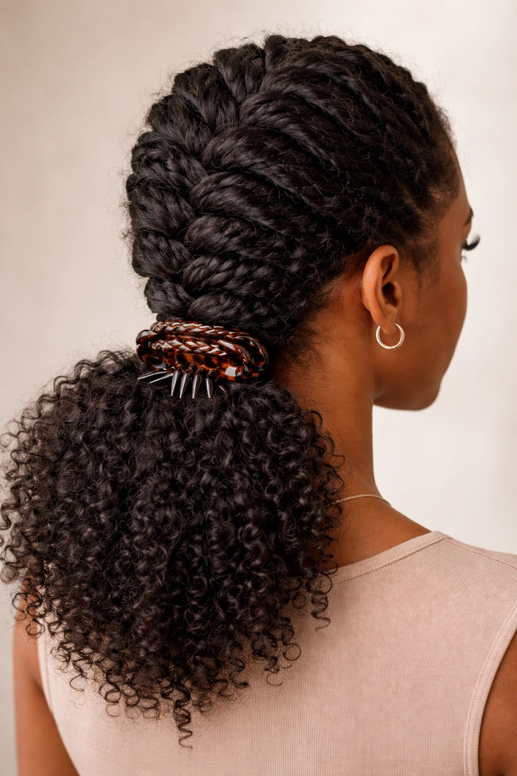 Braided base with claw clip securing gathered hair at braid end